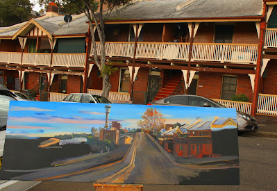 plein air oil painting of heritage terraces in Millers Point by Jane Bennett, industrial heritage artist