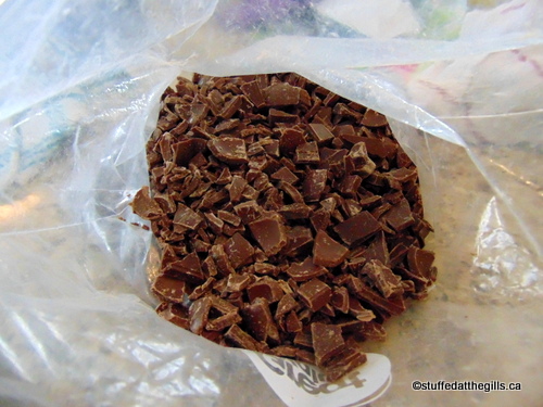 Left-over chocolate chopped and stored in zip-lock bag.