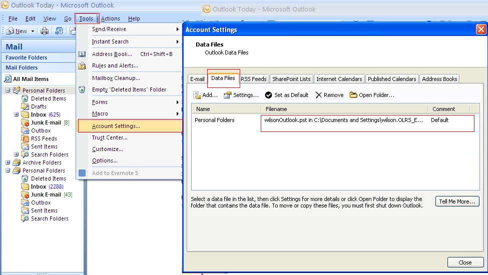 How to Find where your Outlook Data files are located.