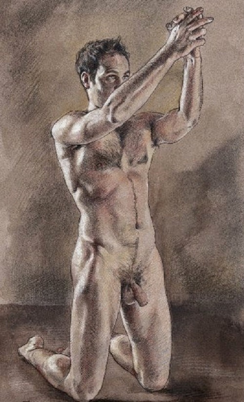 A Standing Male Nude, With Right Arm Raised, Seen