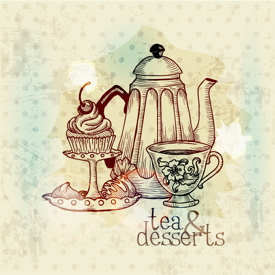 お茶とデザートのレトロな背景 retro tea and dessert painting イラスト素材