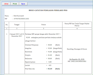 Menu cetak form Buku Penilaian Prilaku Kerja Aplikasi Penilaian Sasaran Kinerja Pegawai (SKP - KKI)