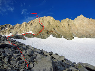 Approximate route that we took on the North-East Face. This is not the standard route. We were able to avoid the snow and glacier.