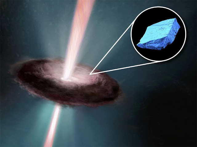 Ilustração artística do disco de acreção ao redor do Sol primitivo e inserção do cristal de hibonita um dos primeiros minerais a serem formados no Sistema Solar
