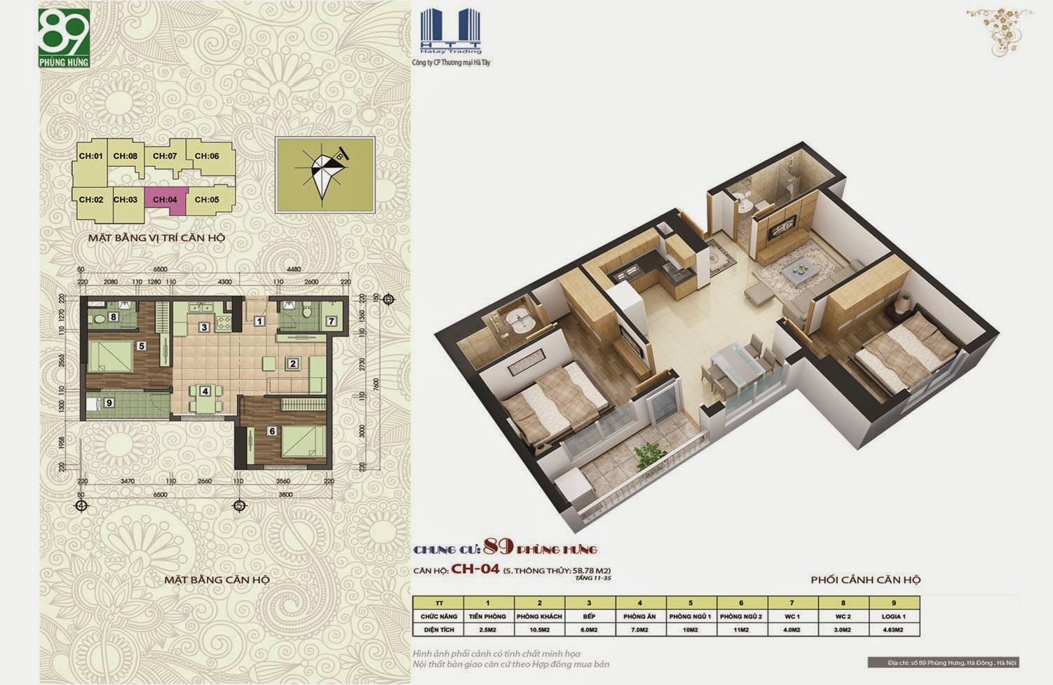 Chung cư 89 Phùng Hưng, Căn 58,78m2 Chung cư 89 Phùng Hưng, Căn 58,78m2
