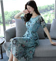 2017 Short Sleeve Elastic Waist Blue Floral Chiffon Dress