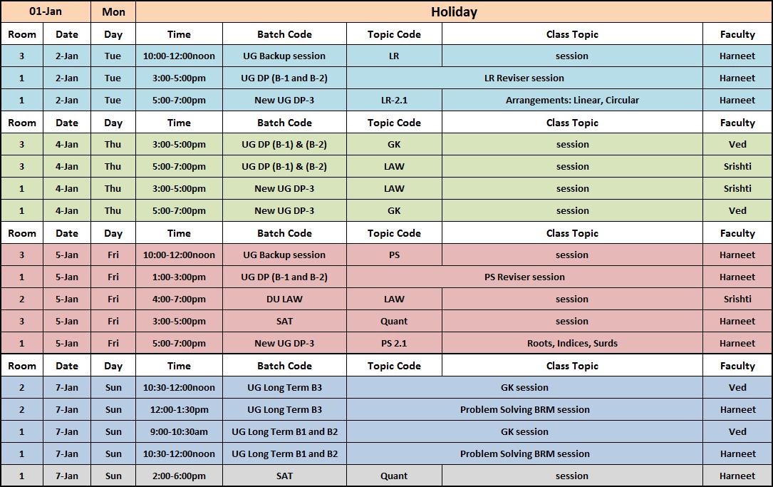 IMS CP Schedule Class schedule from 1st to 7th January 2018