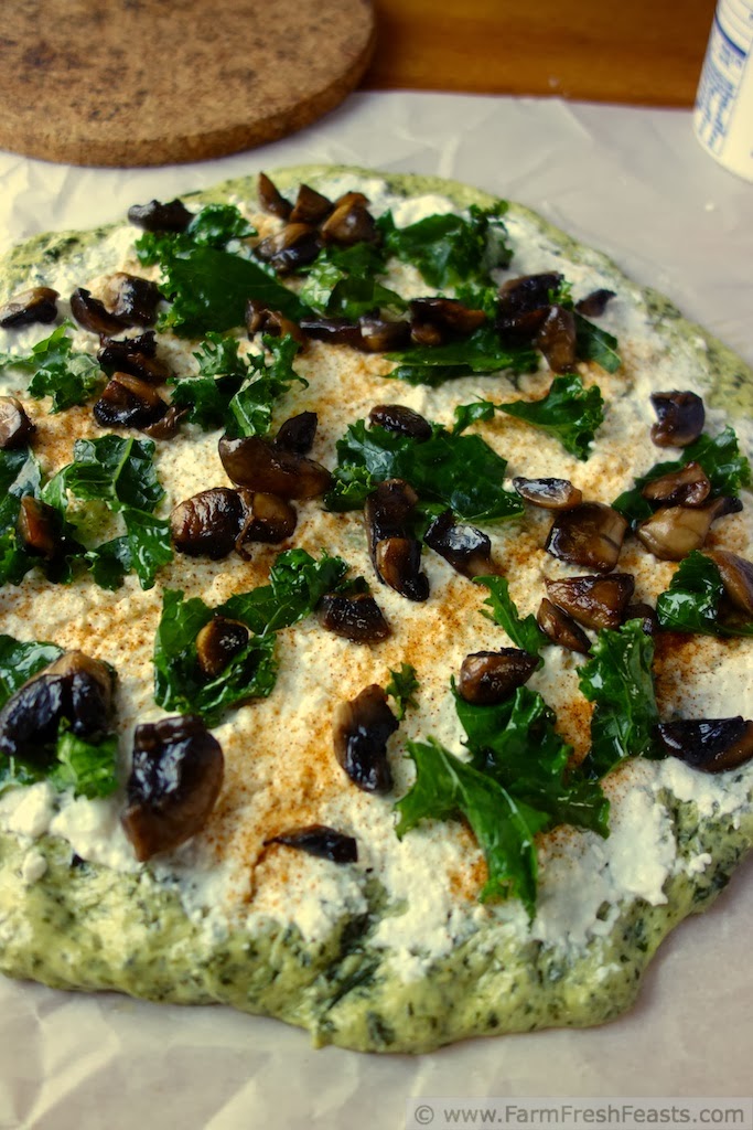 Farm Fresh Feasts Spicy Kale Pizza Dough with Mushrooms and Cheese
