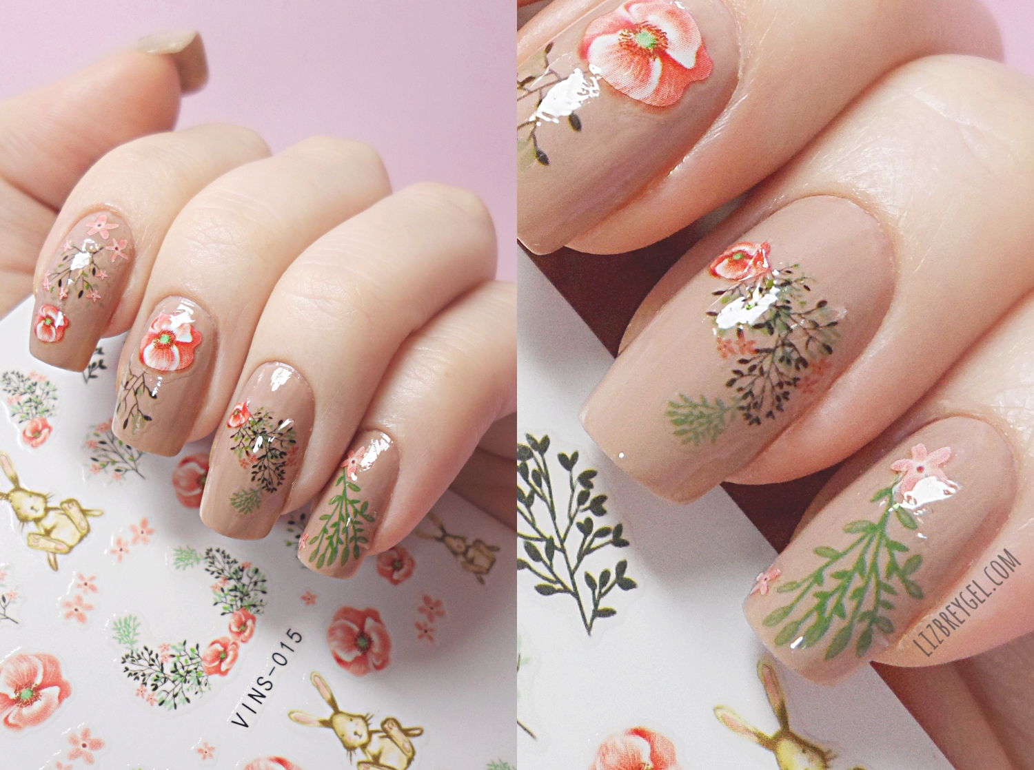 a low-key floral manicure for spring with nail stickers