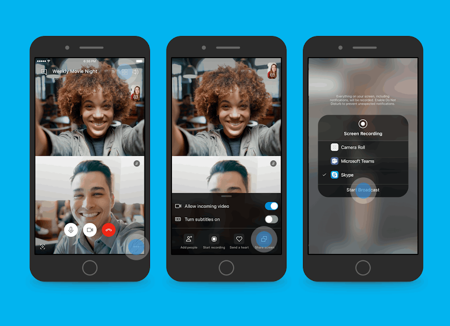 Your device is no longer a limitation on getting more done with Skype app. With the latest beta update, you can now share your smartphone screen on your Android or iOS device during a video call. Simply tap on "..." three dot menu and select Share Screen to get started.