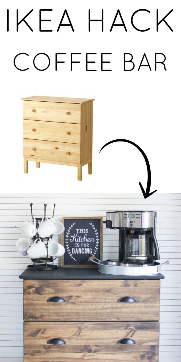 I love this Ikea hack!! Create a simple DIY coffee bar using an Ikea Tarva dresser. The wood and black make this perfect for a modern farmhouse style beverage station!