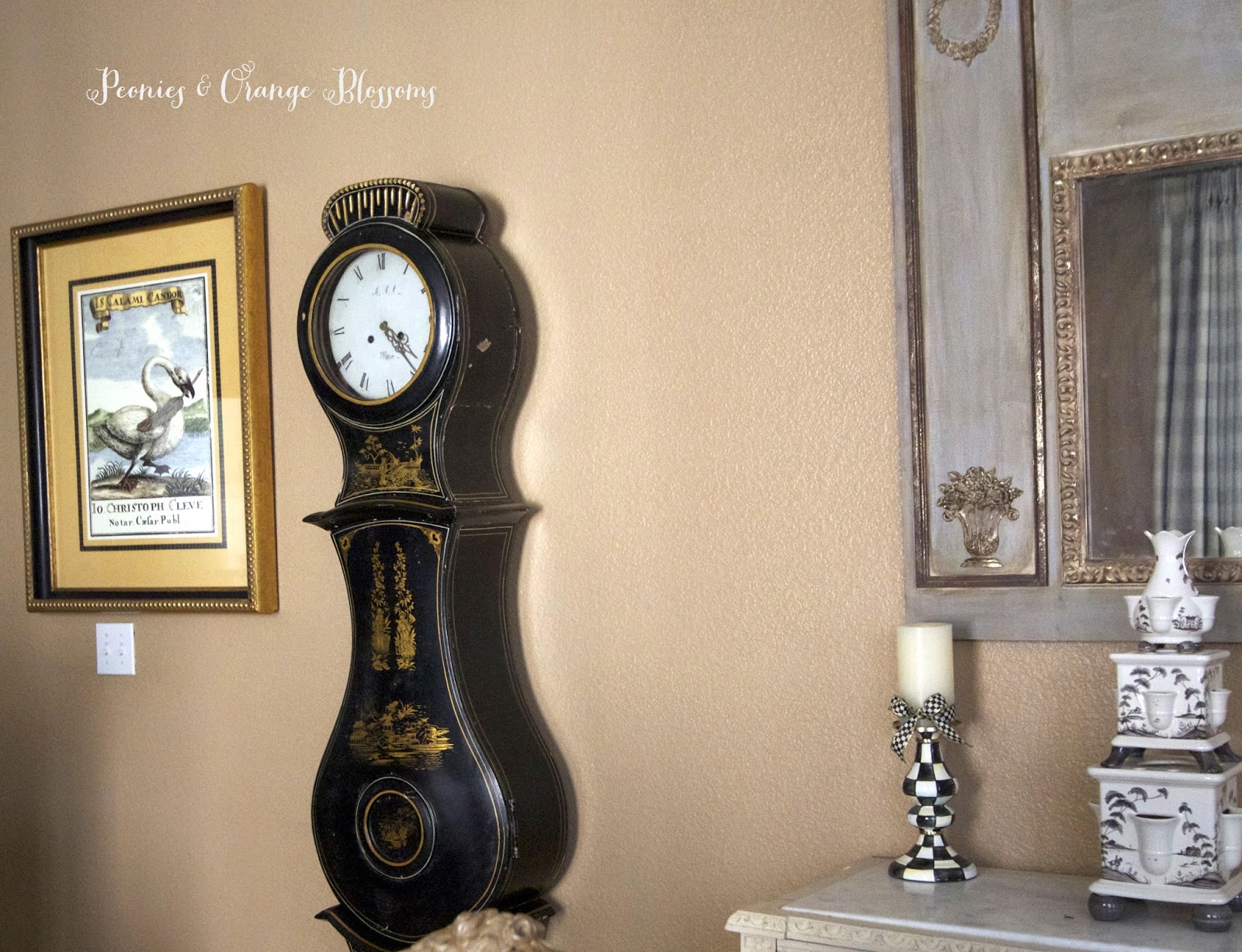 Chinoiserie Black Antique Mora Clock at Peonies & Orange Blossoms