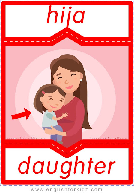Daughter English-Spanish flashcards for the family members topic
