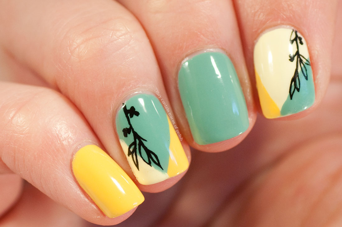 Geometric Color Block Floral Nails in Green and Yellow
