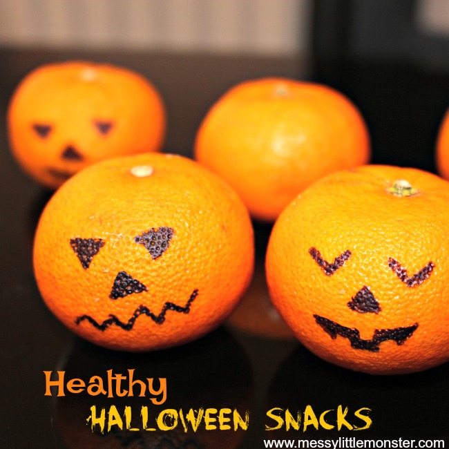 Easy and healthy Jack O Lantern Halloween Snacks for kids.  Great for parties, groups, toddlers, preschoolers and older kids. A book activity linked to the 'Five Little Pumpkins' song.