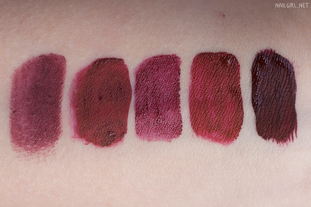 Lipstick swatches. From left to right, they are MAC Sin, Australis Buda-pash, NYX Copenhagen, Lime Crime Wicked, ColourPop LAX.