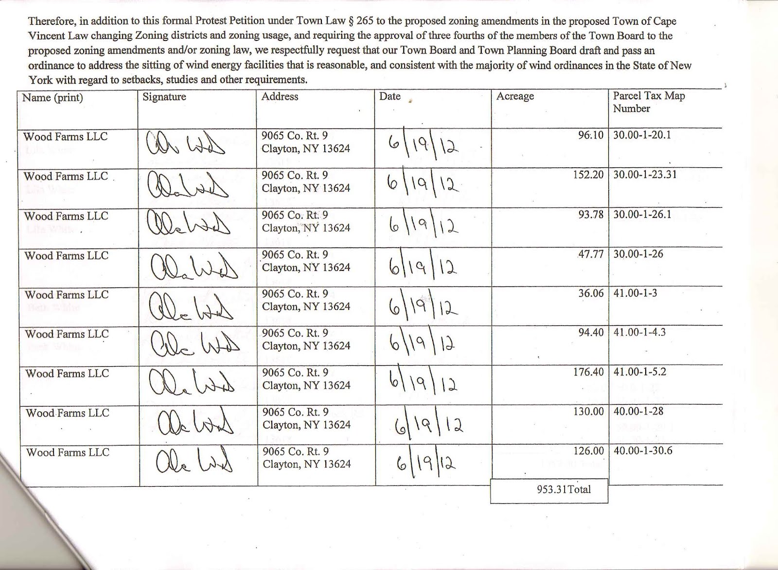 Cape Vincent Wind Farm A protest petition signed by Land owners that