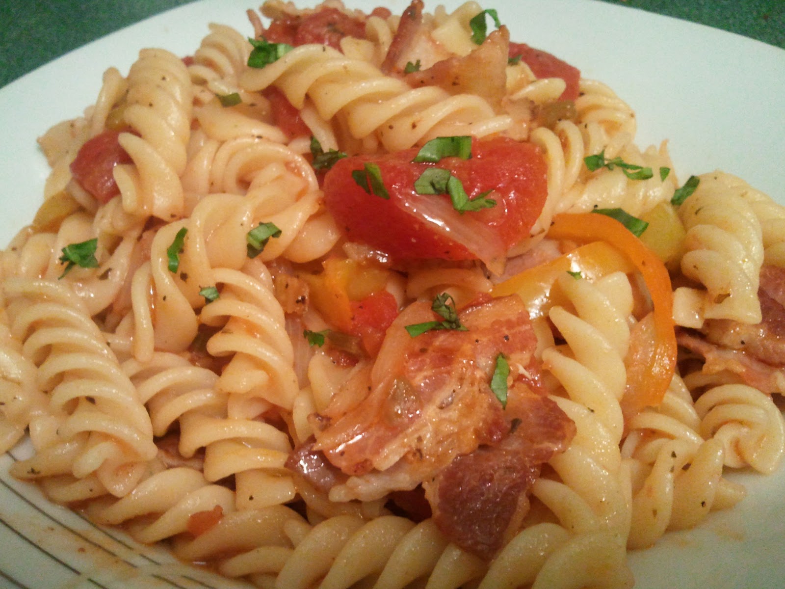 Fusilli with Bacon and Stewed Tomatoes