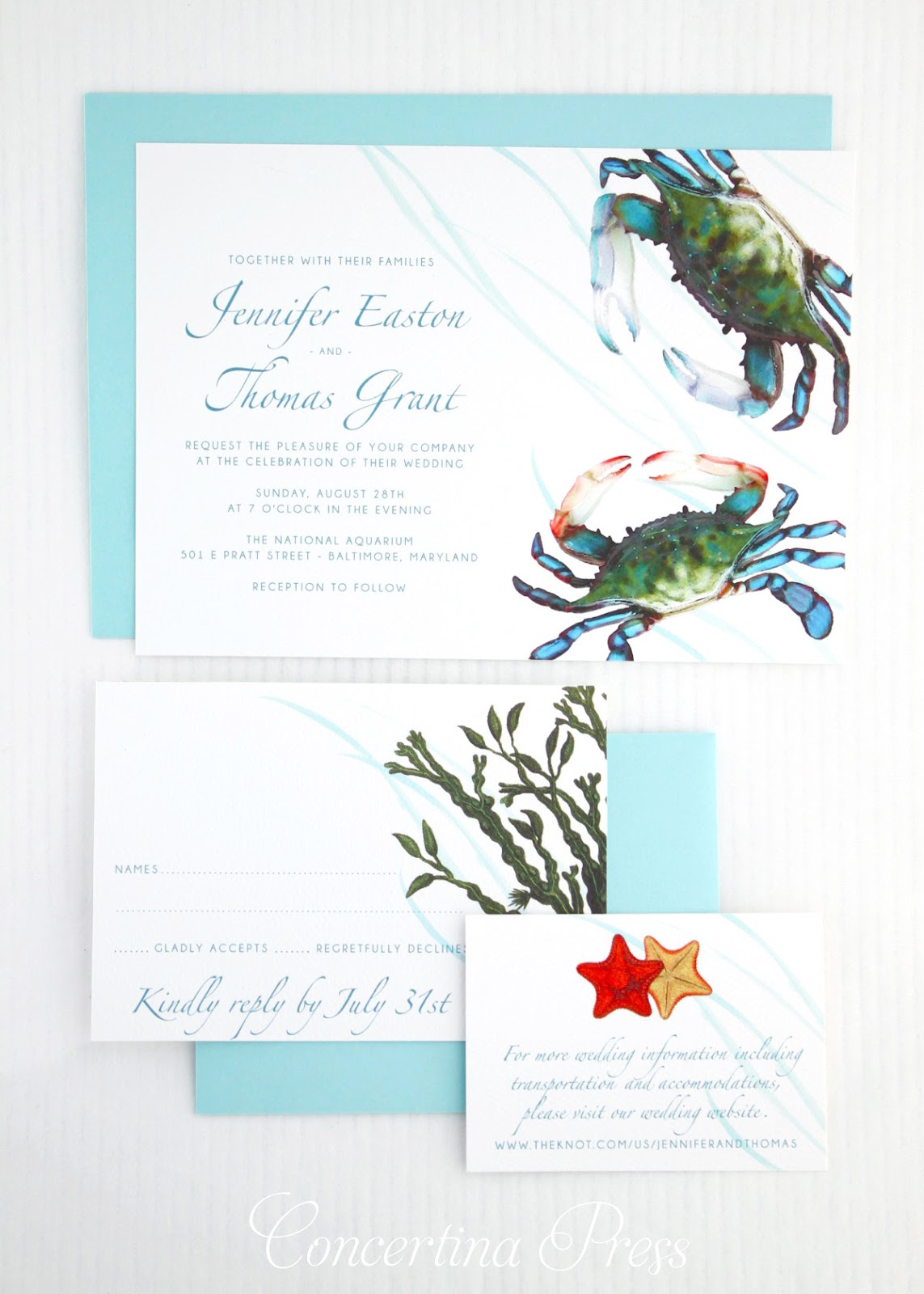 Blue Crab Wedding Invitations from Concertina Press
