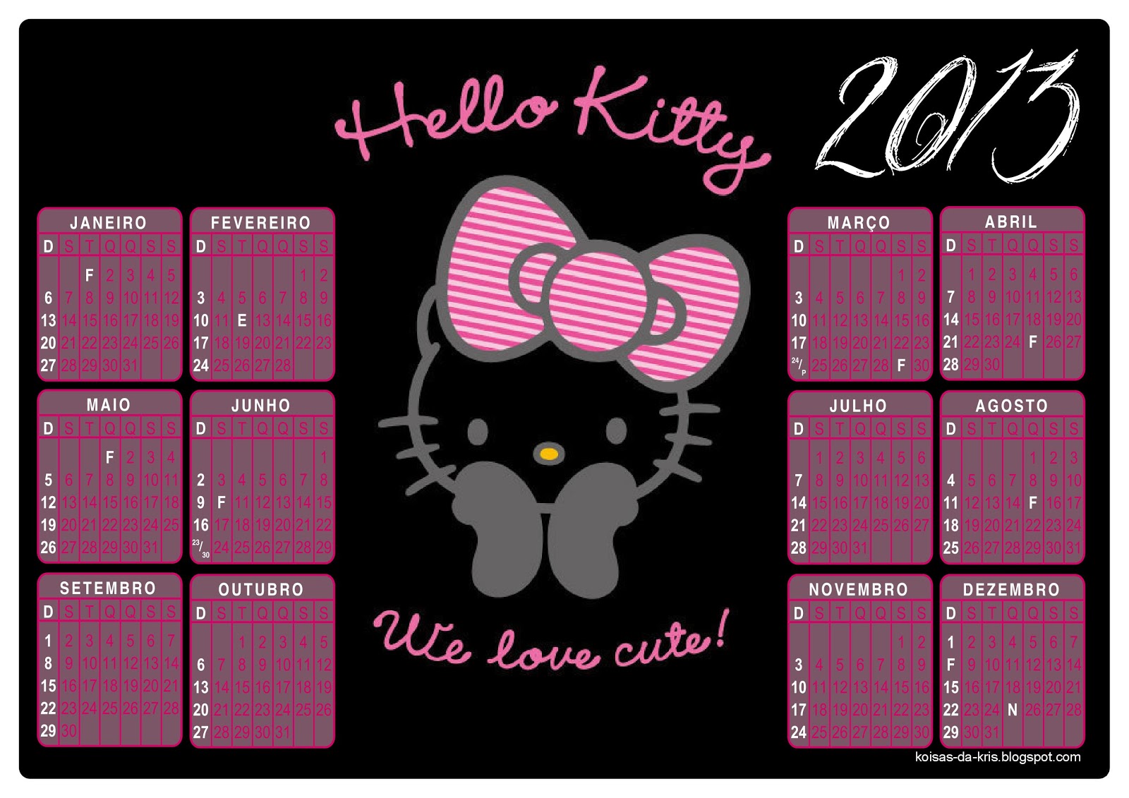 Koisas da Kris Calendários 2013 A4 grátis Hello Kitty