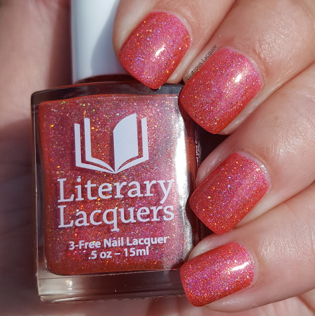 Bright-coral-pink-nail-polish-with-holographic-glitter