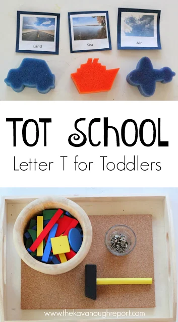 Ideas for toddlers to explore the letter T. This tot school unit explores tools, tigers, tweezers, transportation and more! 