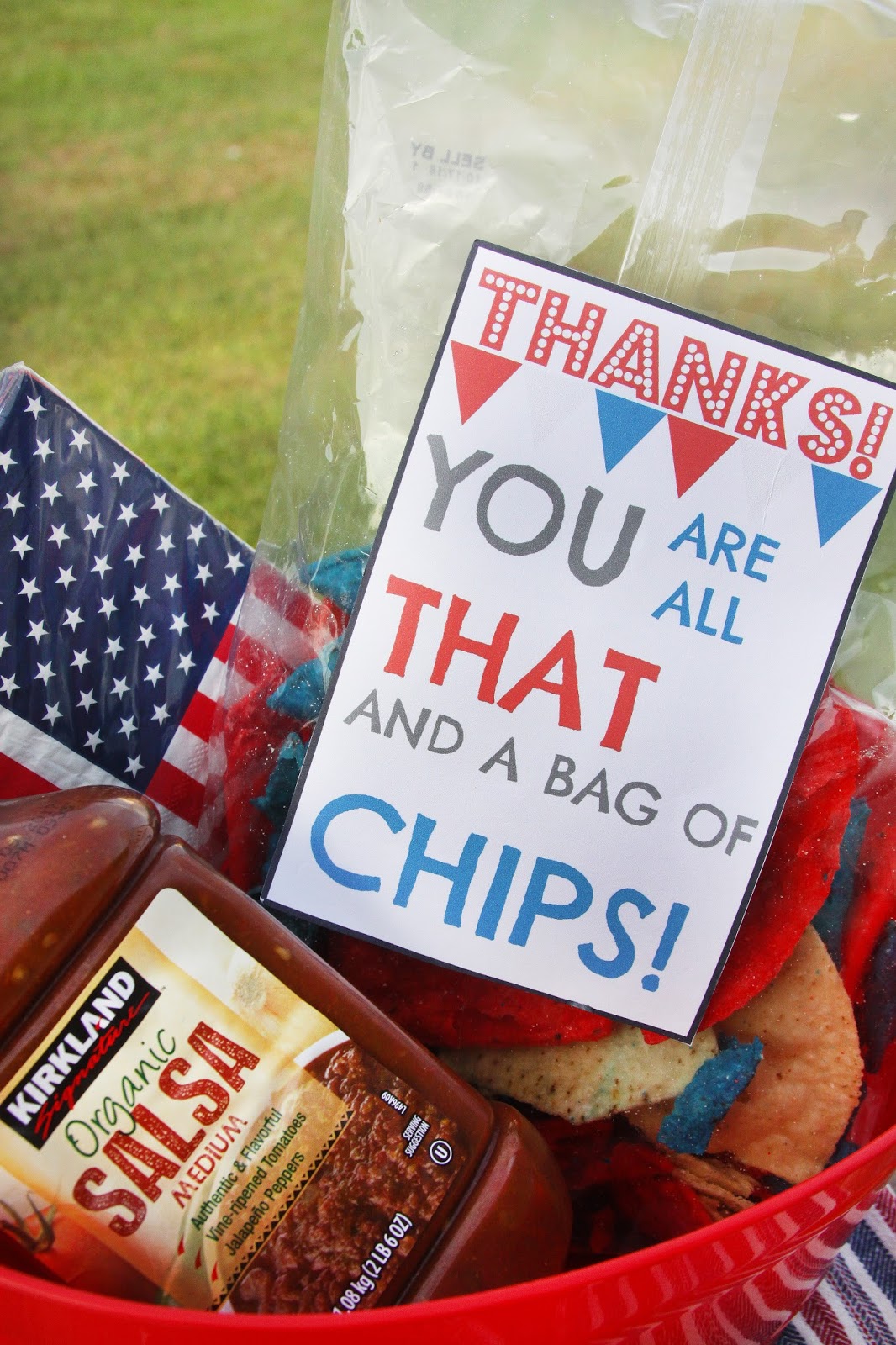 For the Love of Food Chip and Dip Thank You Basket & Printable Card and Mango Ice for Summer Drinks