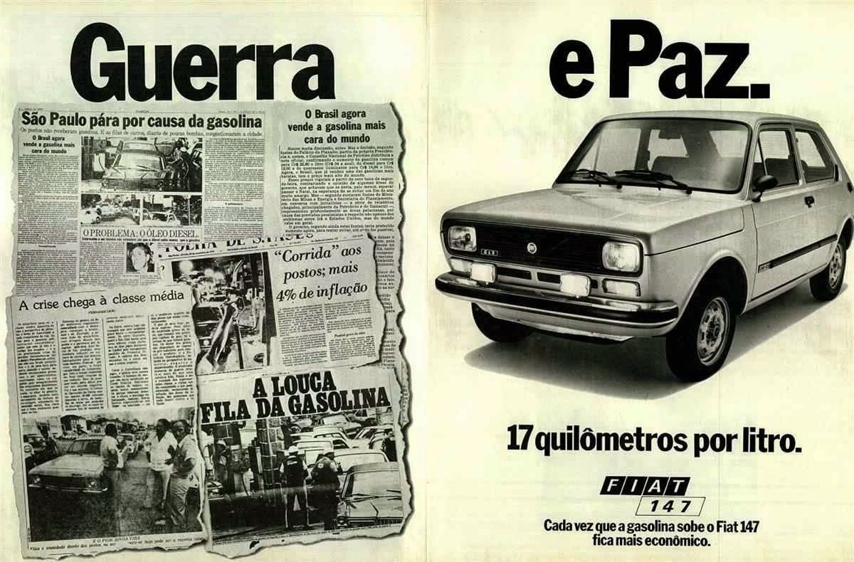 Propaganda do Fiat 147 com o contraponto 'guerra' e 'paz', diretamente de 1978.