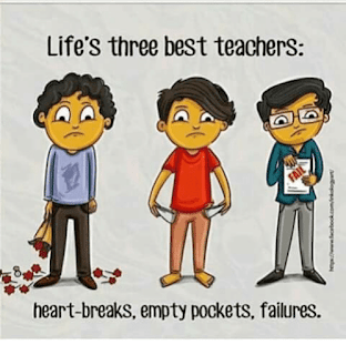 An animated image of three people depicted as life's best teacher heart-breaks,empty pocketds and failures
