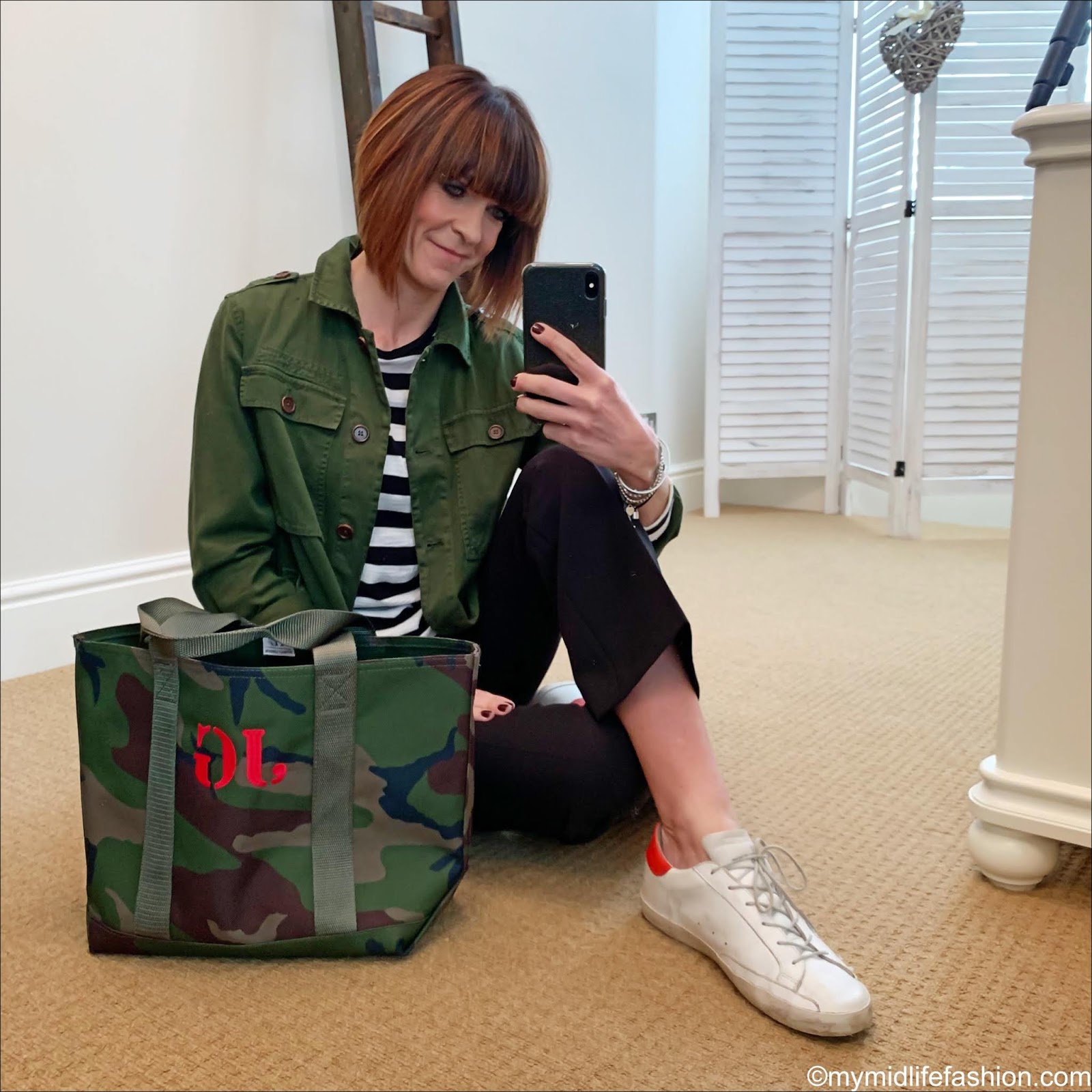 my midlife fashion, matches fashion raey long sleeve stripe crew neck t shirt, j crew overshirt, whistles cropped kick flare trousers, initially london camouflage tote, golden goose superstar low top leather trainers
