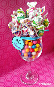 40 Blows! Etched Wine glass filled with gum balls and topped off with Blow Pops!