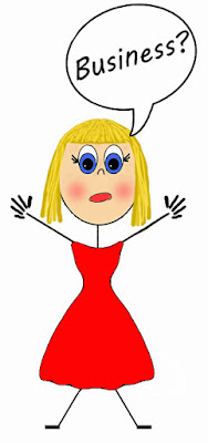 A stick girl in a red dress with a question about business in a talk bubble.