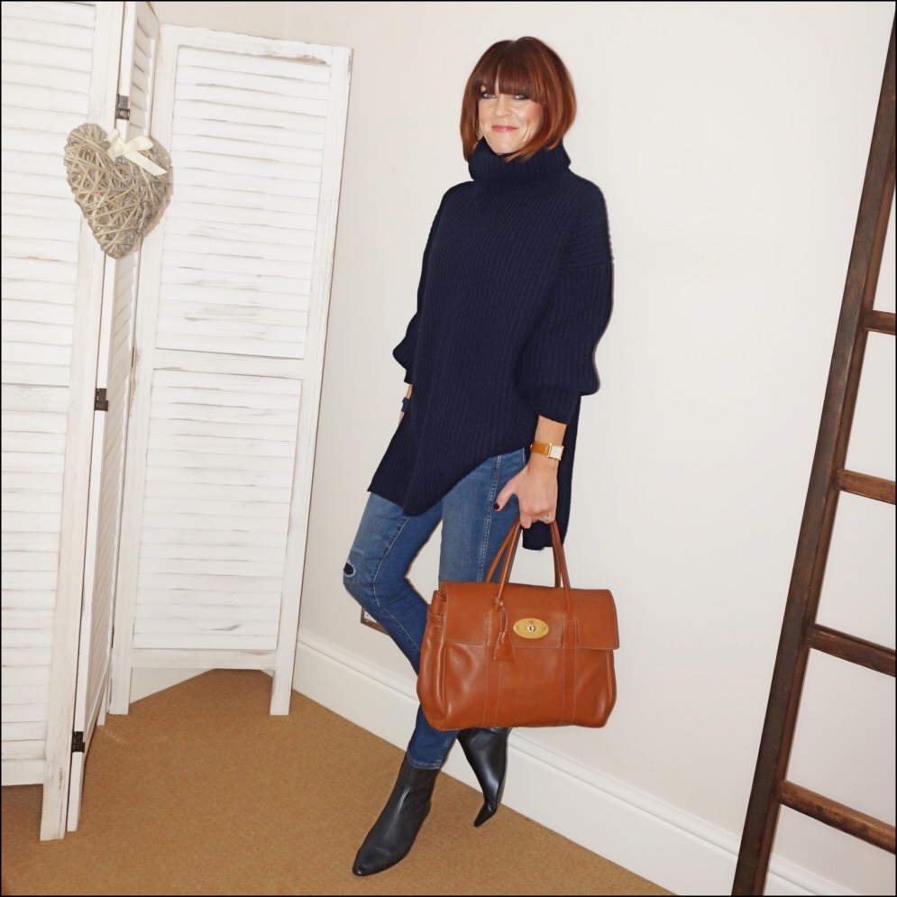 my midlife fashion, acne studios ribbed knit roll neck wool sweater, mulberry bayswater bag, zara kitten heel ankle boots, j crew vintage straight jean in rip and repair