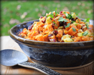 Simple 'Sweet Potato' Potato Salad with Hardly Any Mayonnaise, another colorful seasonal salad ♥ AVeggieVenture.com.