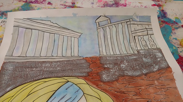 a picture of the ancient greek ruins in the art piece