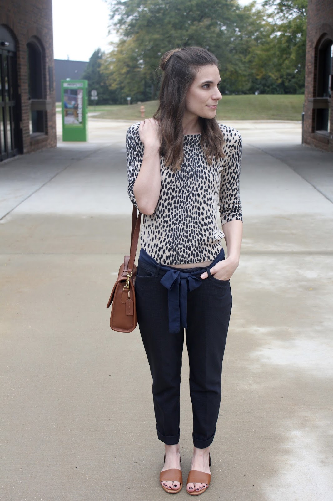 navy pants tied with a bow J.Crew sweater with navy pants