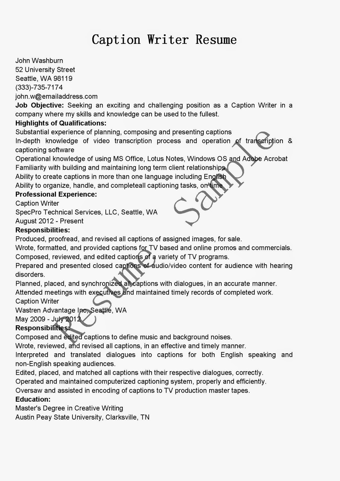 Resume Samples Caption Writer Resume Sample