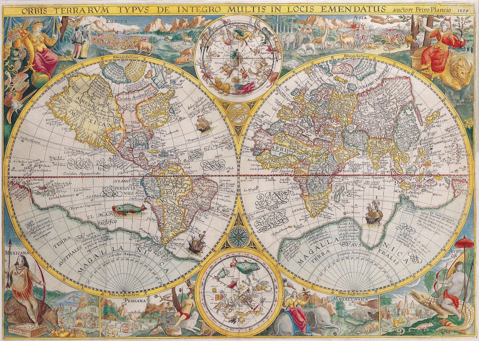 Antique Maps of the WorldDouble Hemisphere MapPetrus Planciusc 1599 ...