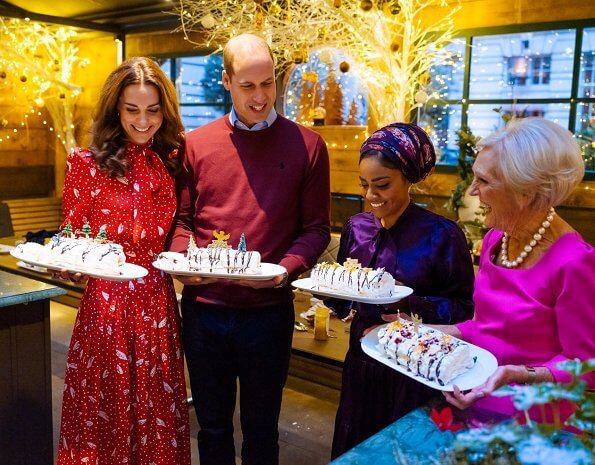 Kate Middleton wore Alessandra Rich silk jacquard midi dress, and Emilia Wickstead Aurora floral-print dress. food writer Mary Berry