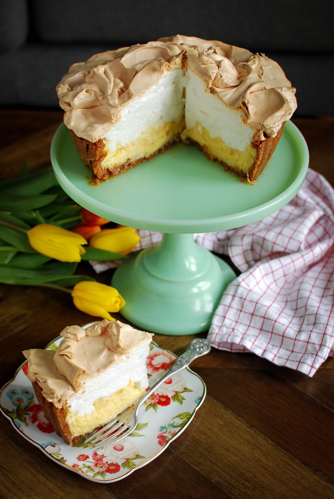 Lemon meringue pie with a gingersnap crust.