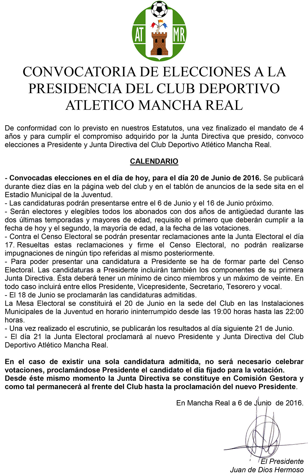 Convocatoria De Elecciones A La Presidencia Del Club Deportivo Atletico Mancha Real Atletico Mancha Real Web Oficial