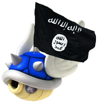 Devin ISIS Blue Shell Devin ISIS Islamic State Winged Spiked Spiky Blue Shell drone bomb Mario Kart explosion Koopa Troopa turtle