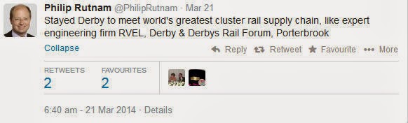 <blockquote class="twitter-tweet" lang="en-gb"><p>Stayed Derby to meet world's greatest cluster rail supply chain, like expert engineering firm RVEL, Derby & Derbys Rail Forum, Porterbrook</p>— Philip Rutnam (@PhilipRutnam) <a href="https://twitter.com/PhilipRutnam/statuses/447004761783795712">March 21, 2014</a></blockquote> <script async src="//platform.twitter.com/widgets.js" charset="utf-8"></script>