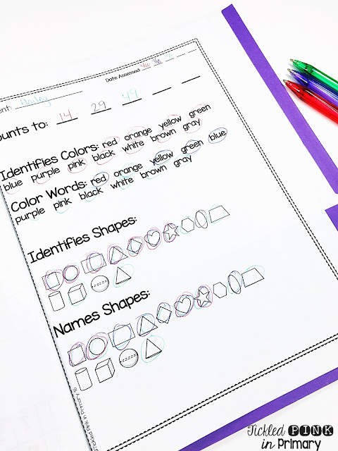 Kindergarten assessment and data folders which include checklists, graphs to keep track of student progress, and flashcards for assessing. Click to find which skills are included such as numbers, letters, beginning sounds, shapes, etc. #kindergarten #testing #assessments