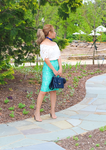 Green lace midi skirt | off the shoulder top