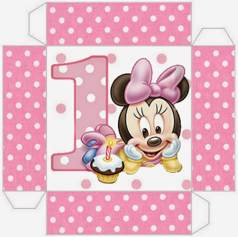 Minnie Primer Año con Lunares: Cajas para Imprimir Gratis. Este modelo es para hacer la invitación - cajita.