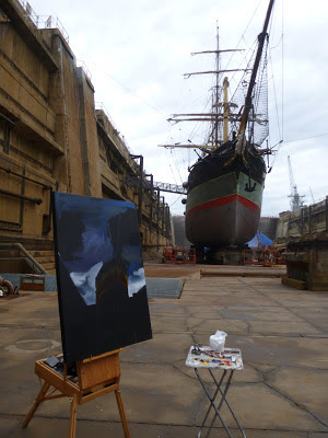 Plein air oil painting of tall ship James Craig in Garden Island Drydock painted by industrial heritage artist Jane Bennett