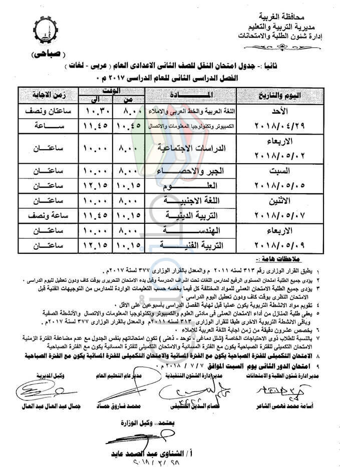 جدول امتحانات اخر العام محافظة الغربية