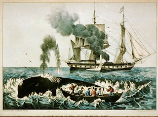 A colorized print depicting a whale in the foreground as well as a rowboat with several men rowing and a man with a harpoon. In the background, a large sailing vessel belches black smoke from two small chimneys.