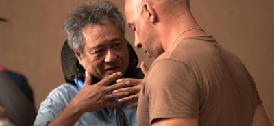 Ang Lee and Vin Diesel on the set of Billy Lynn's Long Halftime Walk